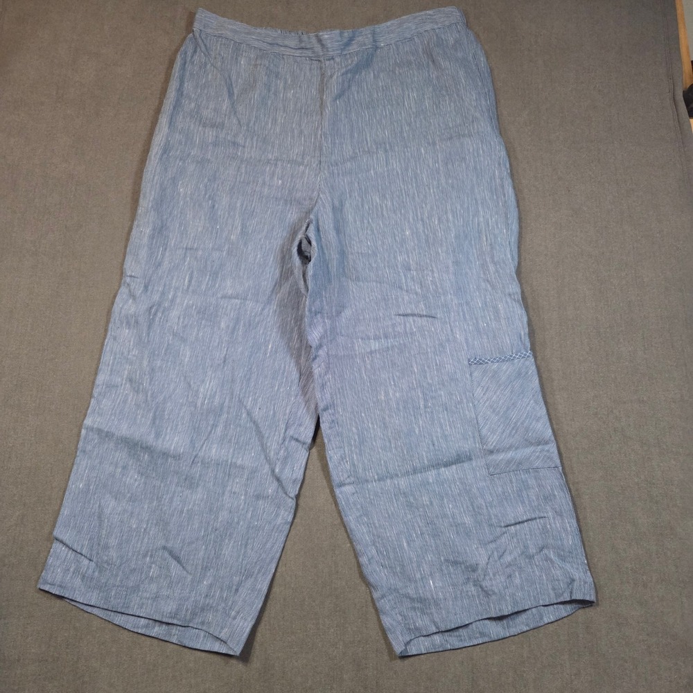 Habitat Wide Leg Crop Pants Womens XL Blue Stripe 100% Linen Elastic Waist